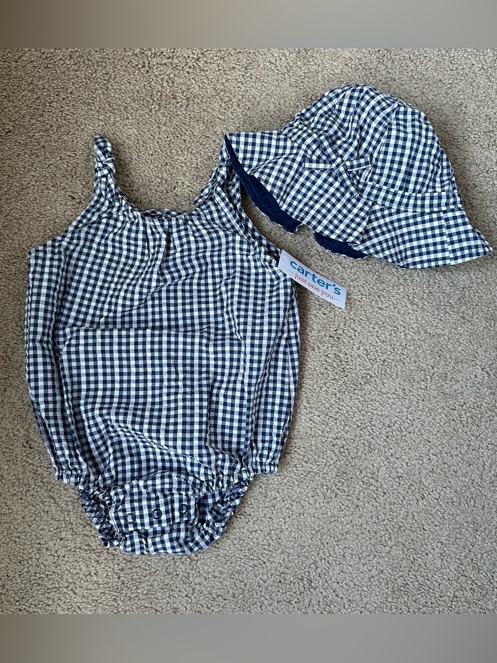 Carter's Navy and White Gingham Baby Romper Set with Sun Hat- 12 months- NWT